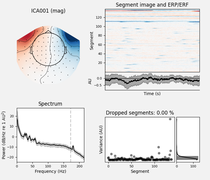 ICA001 (mag), Segment image and ERP/ERF, Spectrum, Dropped segments: 0.00 %
